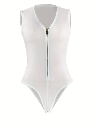 Front Zipper White Bodysuit