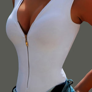Front Zipper White Bodysuit