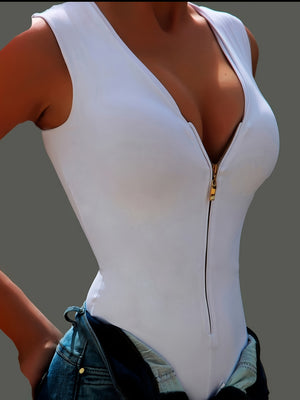 Front Zipper White Bodysuit