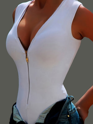 Front Zipper White Bodysuit