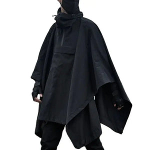 Black hooded techwear poncho with funnel collar and chest pocket