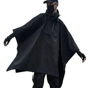 Black hooded techwear poncho with funnel collar and chest pocket