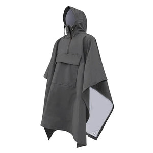 Black hooded techwear poncho with funnel collar and chest pocket