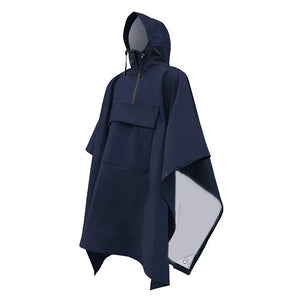 Black hooded techwear poncho with funnel collar and chest pocket