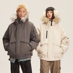 Fur Hood Parka Y2K Jacket worn by a couple, Dark Gray on him and Apricot on her, front view with hoods down