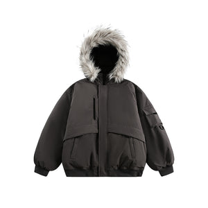 Dark Gray oversized parka with a grey fur-trimmed hood on a white background, front view with flap pockets