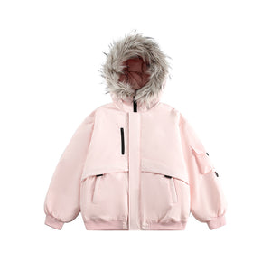 Pink padded parka with a grey fur-trimmed hood on a white background, front view of the D-ring sleeve pocket