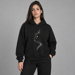 Gazing Cat Graphic Y2K Hoodie – worn by a woman