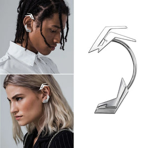 Silver geometric ear cuff that curves along the outer ear