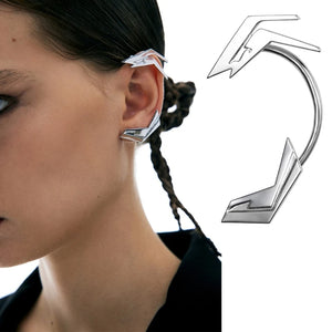 Silver geometric ear cuff that curves along the outer ear