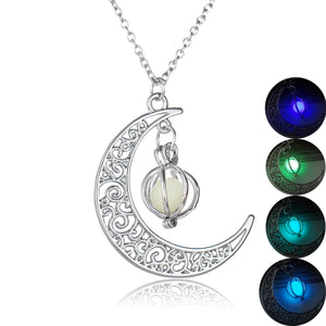Glowing Moon Y2K Necklace crescent pendant on white, with four round insets of its glow colours
