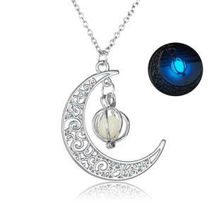 Glowing Moon Y2K Necklace, openwork crescent pendant with caged stone, inset of its deep blue glow