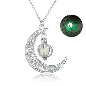 Glowing Moon Y2K Necklace, openwork crescent pendant with caged stone, inset of its green glow