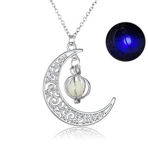 Glowing Moon Y2K Necklace, openwork crescent pendant with caged stone, inset of its purple glow