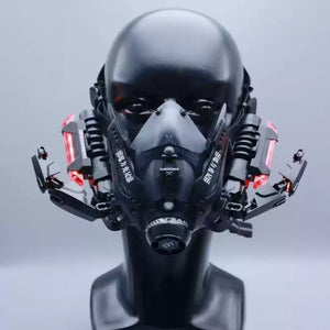 ブラックのゴーグルハーフフェイスサイバーパンクマスク、マネキンに着用したシンプルなマズルと赤いサイドライト