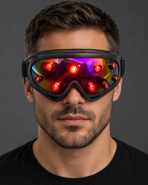 Goggle Half Face Cyberpunk Mask, three lit goggles with red, green and purple studs side by side