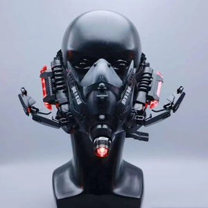 ブラックのゴーグルハーフフェイスサイバーパンクマスク、赤く光るマウスピースとサイドアームのフロントビュー