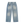 Back of the jeans laid flat, the barbed heart on one back pocket and the wash fading down each leg