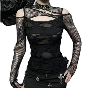 Goth Fishnet Black Tops For Women - product view on white background