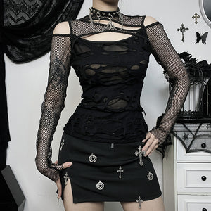 Goth Fishnet Black Tops For Women