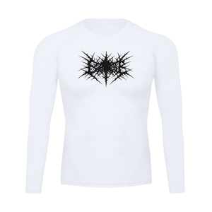 White long sleeve compression shirt laid flat, front, a large black spiked gothic emblem across the chest