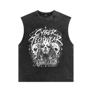 Front of the washed black Y2K tank top laid flat with a neck label, white Digital Decay mask graphic centered