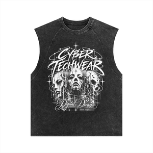 Washed black sleeveless tank laid flat, tight front crop on the CYBER TECHWEAR script and three mask faces