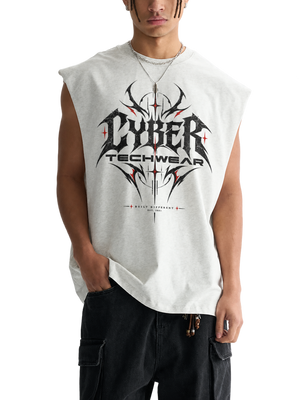 Man wearing the Goth Muscle Shirt Y2K in heather grey, front view with the black tribal chest print