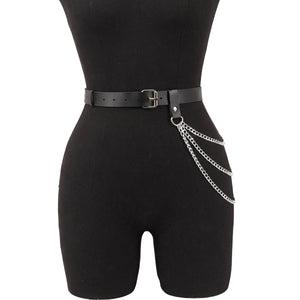Goth PU Leather Waist Body Chain — women's black faux-leather goth chain accessory