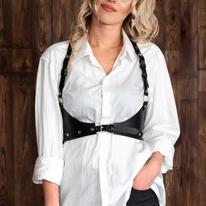 Goth PU Leather Waist Corset Body Chain — women's black faux-leather goth chain accessory