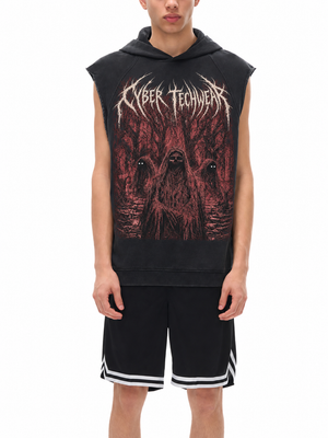 Goth Reaper Hooded Muscle Shirt on a model, front view, red reaper print under the CYBER TECHWEAR logo
