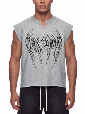 Male model wearing the heather grey cut off muscle shirt, front view with the black thorn wordmark