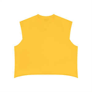 Yellow colourway laid flat from the back, plain golden knit with cut armholes and a curved hem