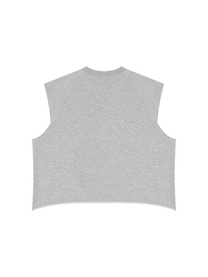Flat back view of the heather grey top, speckled cotton knit with a clean ribbed neckline