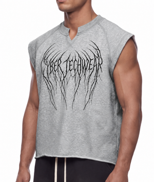 Close front angle of the black thorned wordmark print spreading like wings across the grey chest