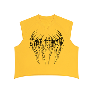 Yellow colourway laid flat, front view of the black thorn and wing wordmark on the golden knit