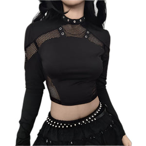 Gothic Fishnet Patches Black Top - product view on white background