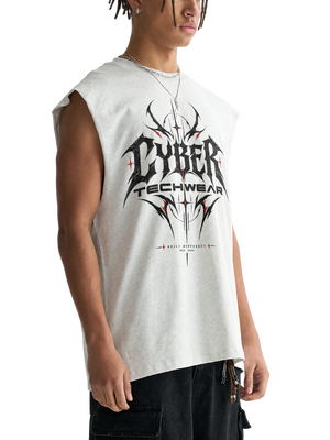 Side view on a male model, heather grey cotton, wide cut-off armhole and the loose boxy body shape