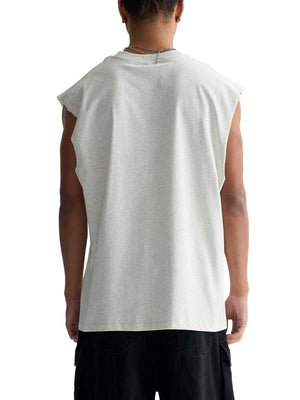 Back view on a male model, plain heather grey cotton with a ribbed round neck and cut-off shoulders