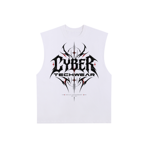 White cotton muscle shirt laid flat, front, with the black and red tribal lettering across the chest