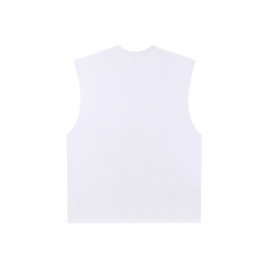 White colourway laid flat from the back, plain cotton, straight hem and wide raw-edge cut armholes