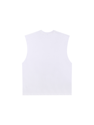 Blank white cotton body seen from the back, no print, with the wide cut-off armholes and straight hem
