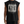 A model wears the black sleeveless tee, a spiked gothic wordmark printed across the chest
