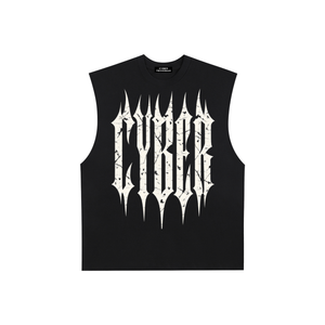 Black tee laid flat from the front, the print filling the chest between the two armholes