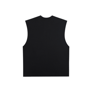 Back of the black tee laid flat, unprinted, showing the square cut through the body