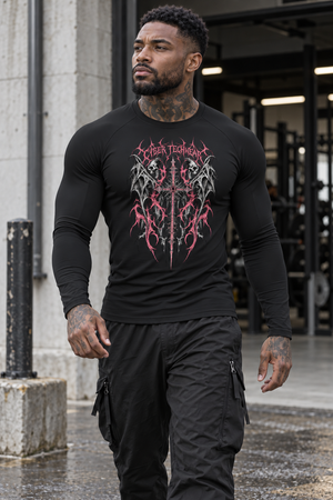 Graphic Long Sleeve Compression Shirt on a man walking outside a gym, front view with black cargo pants