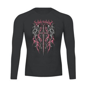 Black long sleeve compression shirt laid flat, front, a red and pale grey winged skull and sword graphic