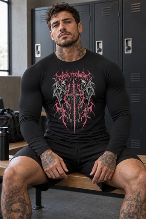 A man sits on a locker room bench in the black skull compression shirt and black shorts, front view