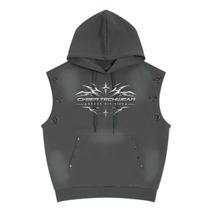 Dark grey colourway laid flat, front view with the side eyelets, drawstrings and patch pocket