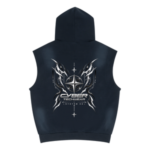 Navy blue colourway from the back, chrome star print, hood up and ribbed hem across the bottom